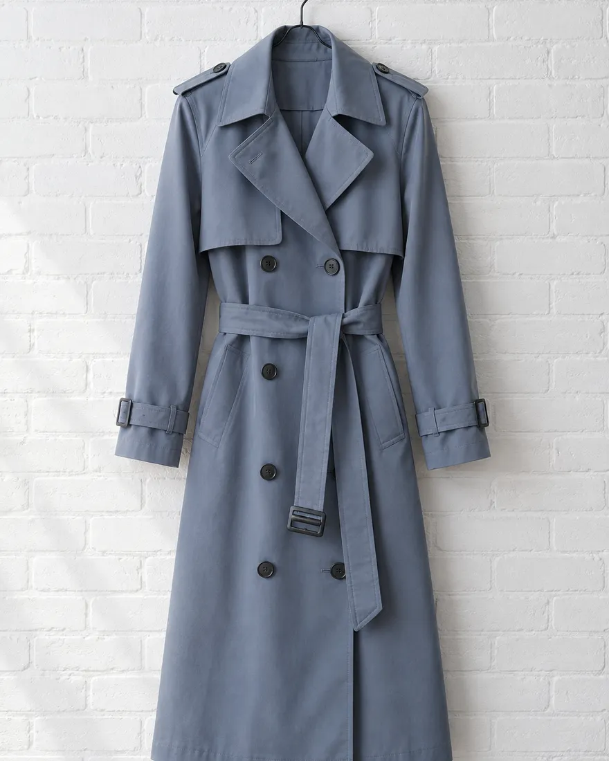 Gabardina cruzada E-07 en azul grisáceo: cruzada, con cinturón y charreteras. Colgado en una pared de ladrillo blanco