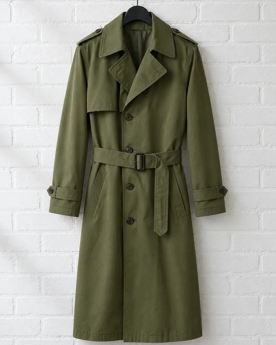 Gabardina E-12 en verde oliva: una fila, cinturón, a la rodilla. Colgado en una pared de ladrillo blanco