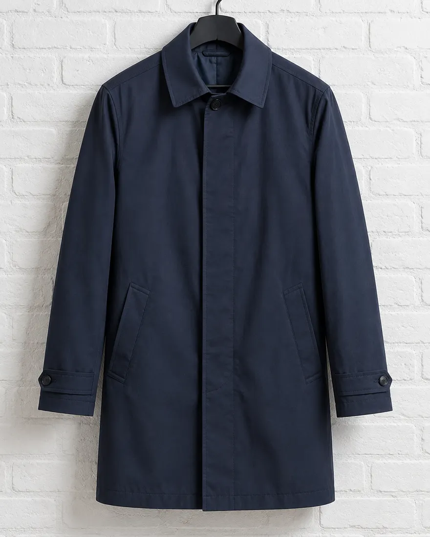Gabardina corta E-36 en azul noche: cuello de camisa, tapeta oculta, medio muslo. Colgado en una pared de ladrillo blanco