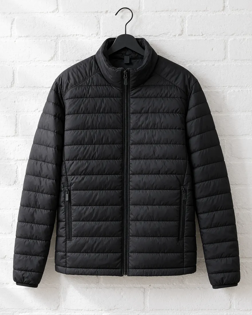 Chaqueta acolchada ligera E-48 en negro: acolchado fino, cuello alto, cremallera. Colgado en una pared de ladrillo blanco