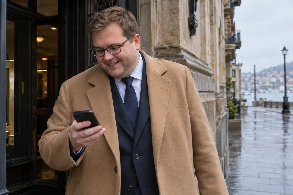 Hombre con gafas y abrigo largo camel sobre traje azul mira el móvil a la salida de un portal de piedra en una mañana de lluvia